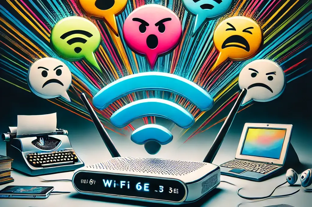 Illustration eines futuristischen Routers, der scharfe, bunte Wi-Fi-Signale wie bissige Sprechblasen aussendet, während veraltete Geräte wie alte Laptops und Kopfhörer verzweifelt versuchen, die Verbindung herzustellen. Ein ironisches Sinnbild für die technologische Kluft zwischen modernem Fortschritt und praktischer Realität.