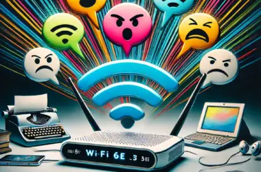 Illustration eines futuristischen Routers, der scharfe, bunte Wi-Fi-Signale wie bissige Sprechblasen aussendet, während veraltete Geräte wie alte Laptops und Kopfhörer verzweifelt versuchen, die Verbindung herzustellen. Ein ironisches Sinnbild für die technologische Kluft zwischen modernem Fortschritt und praktischer Realität.