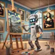 Ein Roboter in Künstlerkleidung malt ein Meisterwerk in einem Atelier, umgeben von leicht verzerrten berühmten Gemälden – eine ironische Darstellung generativer KI als kreativer Workaholic.