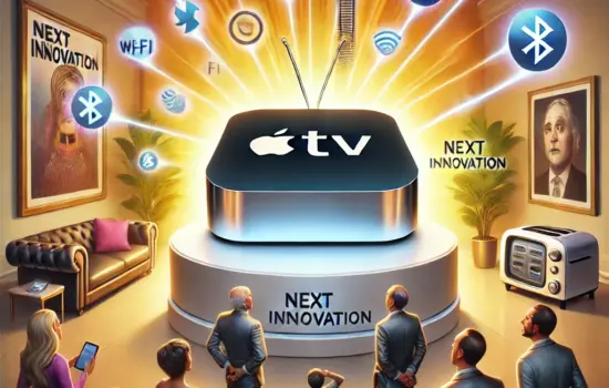 Ein futuristisches Apple TV auf einem Podest, umgeben von leuchtenden Chips und Wi-Fi-Symbolen, während eine ratlose Menge mit veralteten Geräten staunend zuschaut. Im Hintergrund ein Wohnzimmer mit ironischen Details wie einem gerahmten Toaster – eine bissige Visualisierung des technologischen Überangebots.