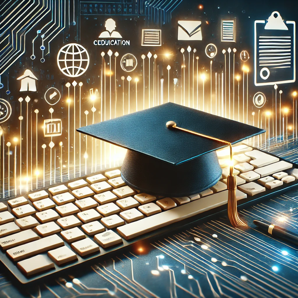 Illustration von Ausbildung und Karriere im IT-Bereich mit einem Absolventenhut, der auf einer leuchtenden Tastatur ruht, als Symbol für IT-Bildung. Im Hintergrund sind Icons für Zertifikate, Lebensläufe und Karrierepfeile zu sehen, die berufliche Weiterentwicklung darstellen. Subtile technologische Elemente wie Schaltkreise und Datenmuster betonen den IT-Bezug.