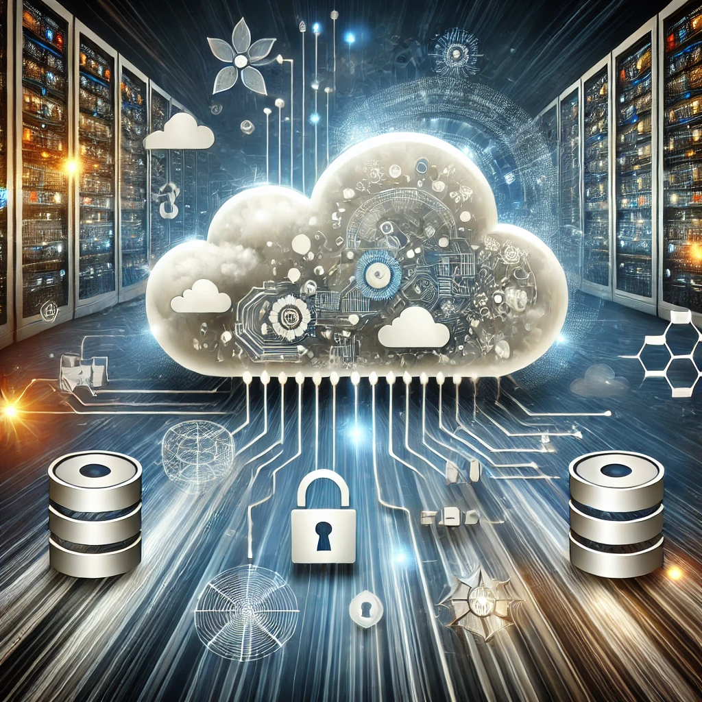 Illustration von Datenmanagement und Cloud-Technologien mit einer großen digitalen Wolke, umgeben von Symbolen für Datenspeicherung, Datenbanken und Sicherheitsschlösser. Unter der Wolke verbinden sich Server über leuchtende Datenströme, die hybride und skalierbare Infrastrukturen darstellen. Der Hintergrund zeigt abstrakte digitale Muster und fließende Datenverbindungen, die Innovation und Effizienz symbolisieren.