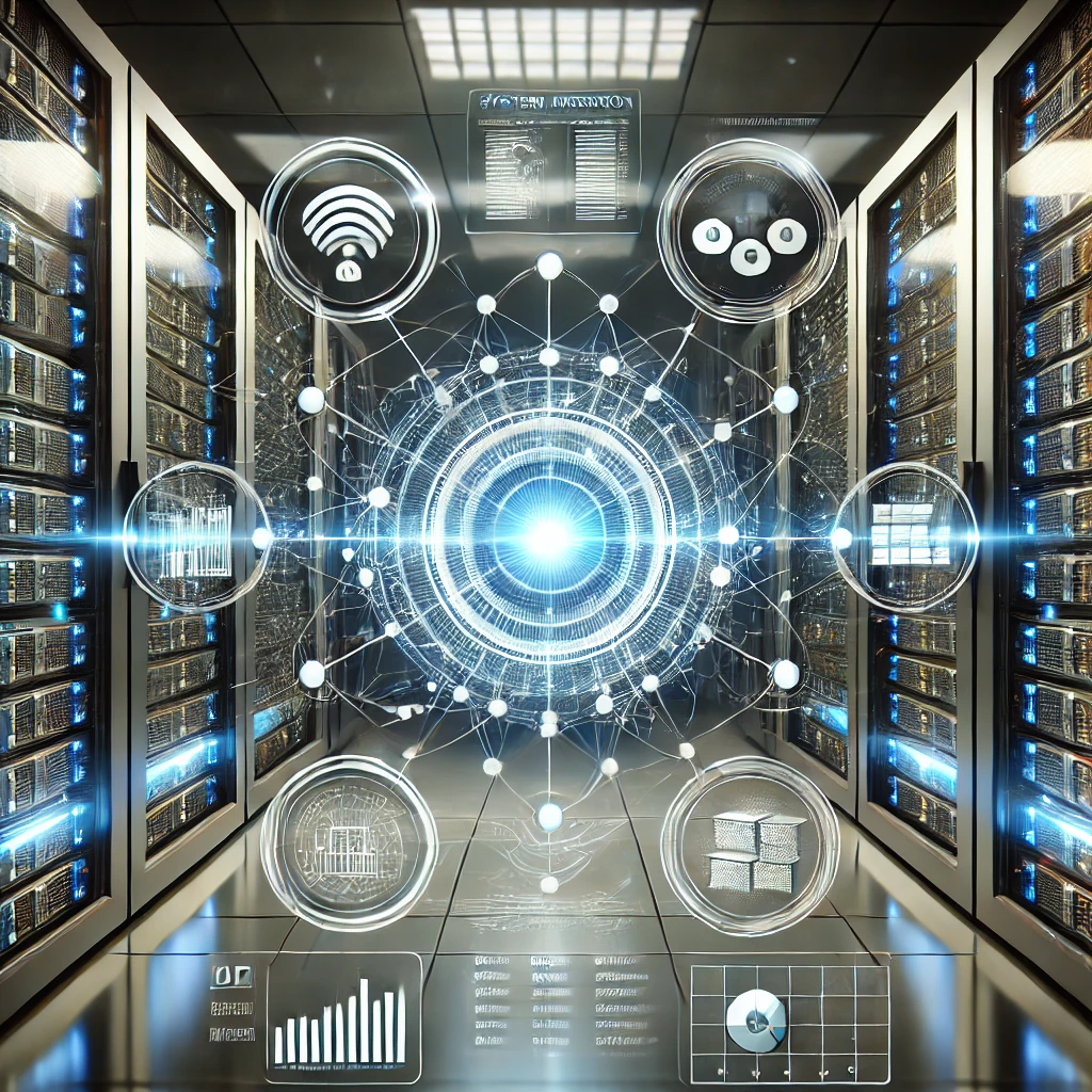 Illustration einer modernen IT-Systemintegration mit vernetzten Servern, leuchtenden Netzwerkkabeln und holographischen Interface-Panels. Im Zentrum steht ein leuchtender Netzwerk-Hub, umgeben von Datenströmen und Systemmetriken. Der Hintergrund zeigt einen futuristischen Serverraum mit beleuchteten Racks und symbolisiert fortschrittliche Technologie und Konnektivität.