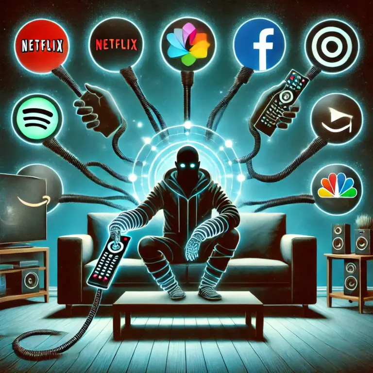 Eine Person sitzt auf einem Sofa, die Fernbedienung fest in der Hand, umgeben von leuchtenden Logos von Streaming-Diensten wie Netflix und Spotify. Um ihre Handgelenke winden sich Kabel wie digitale Fesseln. Im Hintergrund ein Bildschirm mit einer endlosen Ladeanzeige – ein stilles Zeugnis der modernen Sklaverei durch Streaming-Konsum, verpackt in bequeme Technologie und grelles Neonlicht.