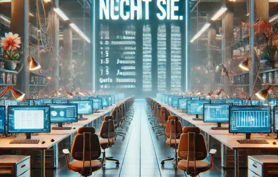 Eine leere Bürostuhlreihe vor einem übertrieben futuristischen Arbeitsplatz mit Dutzenden Bildschirmen. Im Hintergrund leuchtet ein Schild mit der Aufschrift ‚Wir suchen! Aber nicht Sie.‘ – eine visuelle Spitze gegen den absurden Perfektionismus und die realitätsfernen Anforderungen in der IT-Branche.