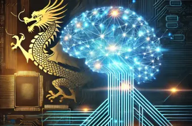 Ein leuchtendes Netzwerk aus neuronalen Verbindungen trifft auf die Silhouette eines aufsteigenden Drachen – der Inbegriff eines technologischen Feuerwerks, das die westliche Tech-Elite ins Schwitzen bringt, während die chinesische Innovation genüsslich die Show stiehlt.