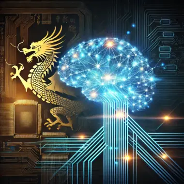 Ein leuchtendes Netzwerk aus neuronalen Verbindungen trifft auf die Silhouette eines aufsteigenden Drachen – der Inbegriff eines technologischen Feuerwerks, das die westliche Tech-Elite ins Schwitzen bringt, während die chinesische Innovation genüsslich die Show stiehlt.