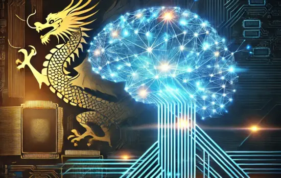 Ein leuchtendes Netzwerk aus neuronalen Verbindungen trifft auf die Silhouette eines aufsteigenden Drachen – der Inbegriff eines technologischen Feuerwerks, das die westliche Tech-Elite ins Schwitzen bringt, während die chinesische Innovation genüsslich die Show stiehlt.