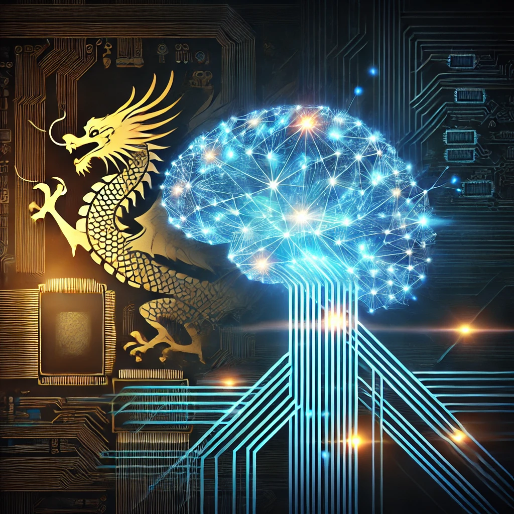 Ein leuchtendes Netzwerk aus neuronalen Verbindungen trifft auf die Silhouette eines aufsteigenden Drachen – der Inbegriff eines technologischen Feuerwerks, das die westliche Tech-Elite ins Schwitzen bringt, während die chinesische Innovation genüsslich die Show stiehlt.