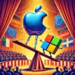 Ein Zirkus der Daten: Während das glänzende Apple-Logo elegant auf dem Hochseil balanciert und Applaus erntet, kämpft das Microsoft-Logo auf einer wackeligen Wippe um Stabilität. Im Publikum sitzen europäische Flaggen – teils jubelnd, teils skeptisch – und beobachten das satirische Spektakel des Datenschutzdramas.