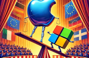 Ein Zirkus der Daten: Während das glänzende Apple-Logo elegant auf dem Hochseil balanciert und Applaus erntet, kämpft das Microsoft-Logo auf einer wackeligen Wippe um Stabilität. Im Publikum sitzen europäische Flaggen – teils jubelnd, teils skeptisch – und beobachten das satirische Spektakel des Datenschutzdramas.