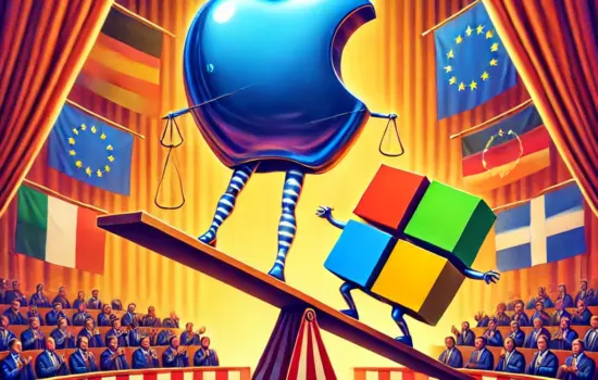 Ein Zirkus der Daten: Während das glänzende Apple-Logo elegant auf dem Hochseil balanciert und Applaus erntet, kämpft das Microsoft-Logo auf einer wackeligen Wippe um Stabilität. Im Publikum sitzen europäische Flaggen – teils jubelnd, teils skeptisch – und beobachten das satirische Spektakel des Datenschutzdramas.