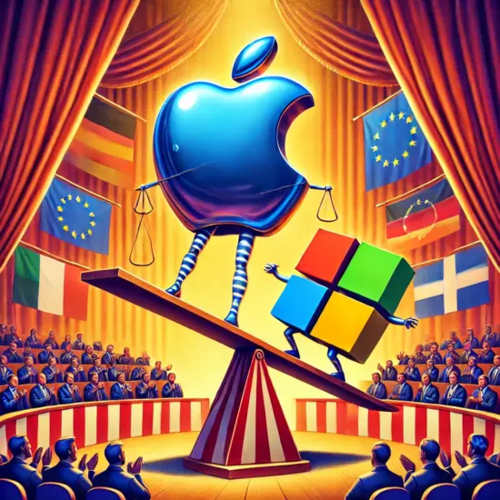 Ein Zirkus der Daten: Während das glänzende Apple-Logo elegant auf dem Hochseil balanciert und Applaus erntet, kämpft das Microsoft-Logo auf einer wackeligen Wippe um Stabilität. Im Publikum sitzen europäische Flaggen – teils jubelnd, teils skeptisch – und beobachten das satirische Spektakel des Datenschutzdramas.