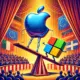 Ein Zirkus der Daten: Während das glänzende Apple-Logo elegant auf dem Hochseil balanciert und Applaus erntet, kämpft das Microsoft-Logo auf einer wackeligen Wippe um Stabilität. Im Publikum sitzen europäische Flaggen – teils jubelnd, teils skeptisch – und beobachten das satirische Spektakel des Datenschutzdramas.