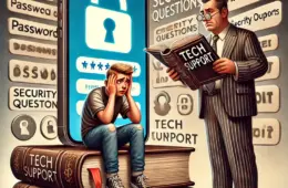 Ein verzweifelter Teenager sitzt ratlos vor einem gesperrten Smartphone, das gnadenlos nach einem längst vergessenen Passwort verlangt. Neben ihm blättert ein überforderter Elternteil in einem dicken, antiken „Tech Support“-Handbuch – als hätte man bessere Chancen, das Problem mit Runenentschlüsselung zu lösen. Im Hintergrund schweben endlose Passwörter, Sicherheitsfragen und Fehlercodes wie digitale Gespenster, die jede Hoffnung auf eine schnelle Lösung verhöhnen. Ein humorvoller Seitenhieb auf die Tücken moderner Technik und das ewige Drama verlorener Zugangsdaten.