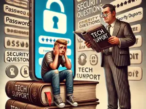Ein verzweifelter Teenager sitzt ratlos vor einem gesperrten Smartphone, das gnadenlos nach einem längst vergessenen Passwort verlangt. Neben ihm blättert ein überforderter Elternteil in einem dicken, antiken „Tech Support“-Handbuch – als hätte man bessere Chancen, das Problem mit Runenentschlüsselung zu lösen. Im Hintergrund schweben endlose Passwörter, Sicherheitsfragen und Fehlercodes wie digitale Gespenster, die jede Hoffnung auf eine schnelle Lösung verhöhnen. Ein humorvoller Seitenhieb auf die Tücken moderner Technik und das ewige Drama verlorener Zugangsdaten.
