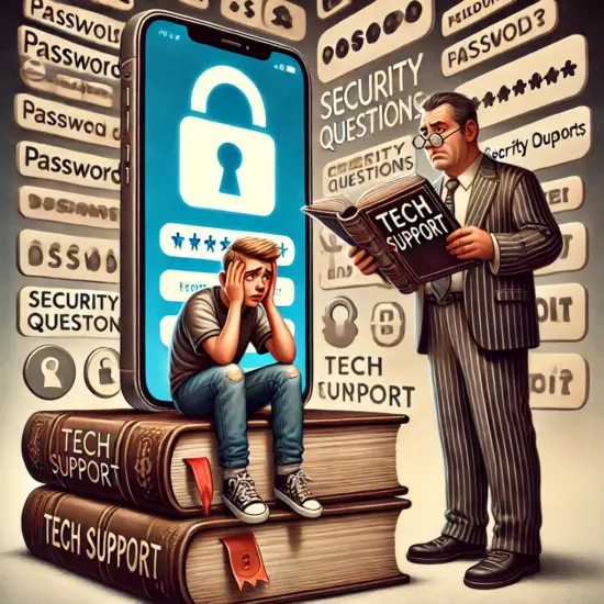 Ein verzweifelter Teenager sitzt ratlos vor einem gesperrten Smartphone, das gnadenlos nach einem längst vergessenen Passwort verlangt. Neben ihm blättert ein überforderter Elternteil in einem dicken, antiken „Tech Support“-Handbuch – als hätte man bessere Chancen, das Problem mit Runenentschlüsselung zu lösen. Im Hintergrund schweben endlose Passwörter, Sicherheitsfragen und Fehlercodes wie digitale Gespenster, die jede Hoffnung auf eine schnelle Lösung verhöhnen. Ein humorvoller Seitenhieb auf die Tücken moderner Technik und das ewige Drama verlorener Zugangsdaten.