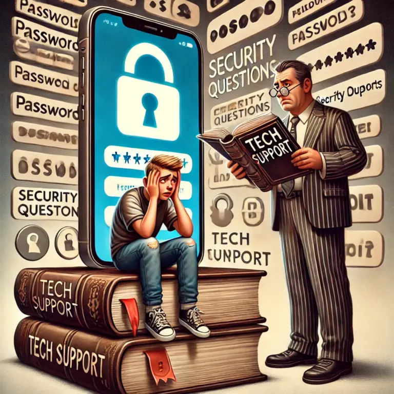 Ein verzweifelter Teenager sitzt ratlos vor einem gesperrten Smartphone, das gnadenlos nach einem längst vergessenen Passwort verlangt. Neben ihm blättert ein überforderter Elternteil in einem dicken, antiken „Tech Support“-Handbuch – als hätte man bessere Chancen, das Problem mit Runenentschlüsselung zu lösen. Im Hintergrund schweben endlose Passwörter, Sicherheitsfragen und Fehlercodes wie digitale Gespenster, die jede Hoffnung auf eine schnelle Lösung verhöhnen. Ein humorvoller Seitenhieb auf die Tücken moderner Technik und das ewige Drama verlorener Zugangsdaten.