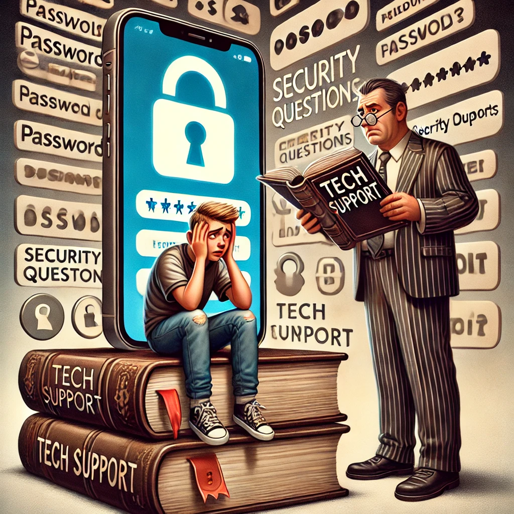 Ein verzweifelter Teenager sitzt ratlos vor einem gesperrten Smartphone, das gnadenlos nach einem längst vergessenen Passwort verlangt. Neben ihm blättert ein überforderter Elternteil in einem dicken, antiken „Tech Support“-Handbuch – als hätte man bessere Chancen, das Problem mit Runenentschlüsselung zu lösen. Im Hintergrund schweben endlose Passwörter, Sicherheitsfragen und Fehlercodes wie digitale Gespenster, die jede Hoffnung auf eine schnelle Lösung verhöhnen. Ein humorvoller Seitenhieb auf die Tücken moderner Technik und das ewige Drama verlorener Zugangsdaten.