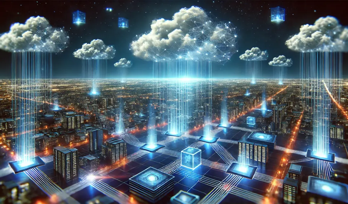 Datenwolken am digitalen Firmament: Während die Cloud majestätisch am Himmel der IT-Welt schwebt, kämpfen leuchtende Netzwerk-Knoten am Boden darum, nicht von der Schwerkraft der Realität eingeholt zu werden. Ein himmlisches Zusammenspiel von grenzenloser Flexibilität und bodenständiger Rechenpower – oder doch nur eine elegante Art, Daten von A nach B zu jonglieren?