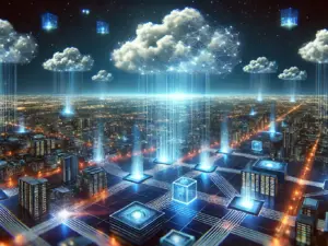 Datenwolken am digitalen Firmament: Während die Cloud majestätisch am Himmel der IT-Welt schwebt, kämpfen leuchtende Netzwerk-Knoten am Boden darum, nicht von der Schwerkraft der Realität eingeholt zu werden. Ein himmlisches Zusammenspiel von grenzenloser Flexibilität und bodenständiger Rechenpower – oder doch nur eine elegante Art, Daten von A nach B zu jonglieren?