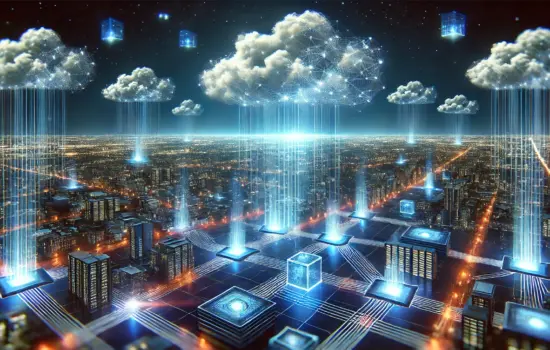 Datenwolken am digitalen Firmament: Während die Cloud majestätisch am Himmel der IT-Welt schwebt, kämpfen leuchtende Netzwerk-Knoten am Boden darum, nicht von der Schwerkraft der Realität eingeholt zu werden. Ein himmlisches Zusammenspiel von grenzenloser Flexibilität und bodenständiger Rechenpower – oder doch nur eine elegante Art, Daten von A nach B zu jonglieren?