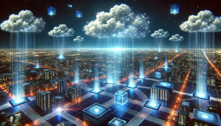 Datenwolken am digitalen Firmament: Während die Cloud majestätisch am Himmel der IT-Welt schwebt, kämpfen leuchtende Netzwerk-Knoten am Boden darum, nicht von der Schwerkraft der Realität eingeholt zu werden. Ein himmlisches Zusammenspiel von grenzenloser Flexibilität und bodenständiger Rechenpower – oder doch nur eine elegante Art, Daten von A nach B zu jonglieren?