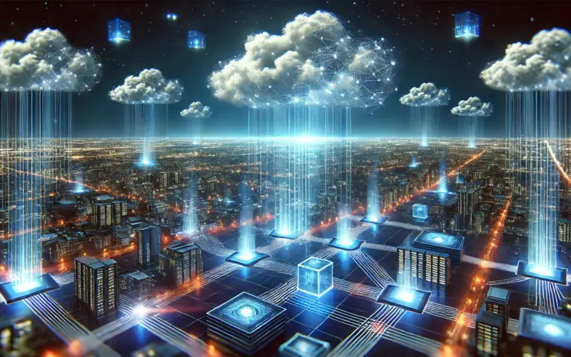 Datenwolken am digitalen Firmament: Während die Cloud majestätisch am Himmel der IT-Welt schwebt, kämpfen leuchtende Netzwerk-Knoten am Boden darum, nicht von der Schwerkraft der Realität eingeholt zu werden. Ein himmlisches Zusammenspiel von grenzenloser Flexibilität und bodenständiger Rechenpower – oder doch nur eine elegante Art, Daten von A nach B zu jonglieren?