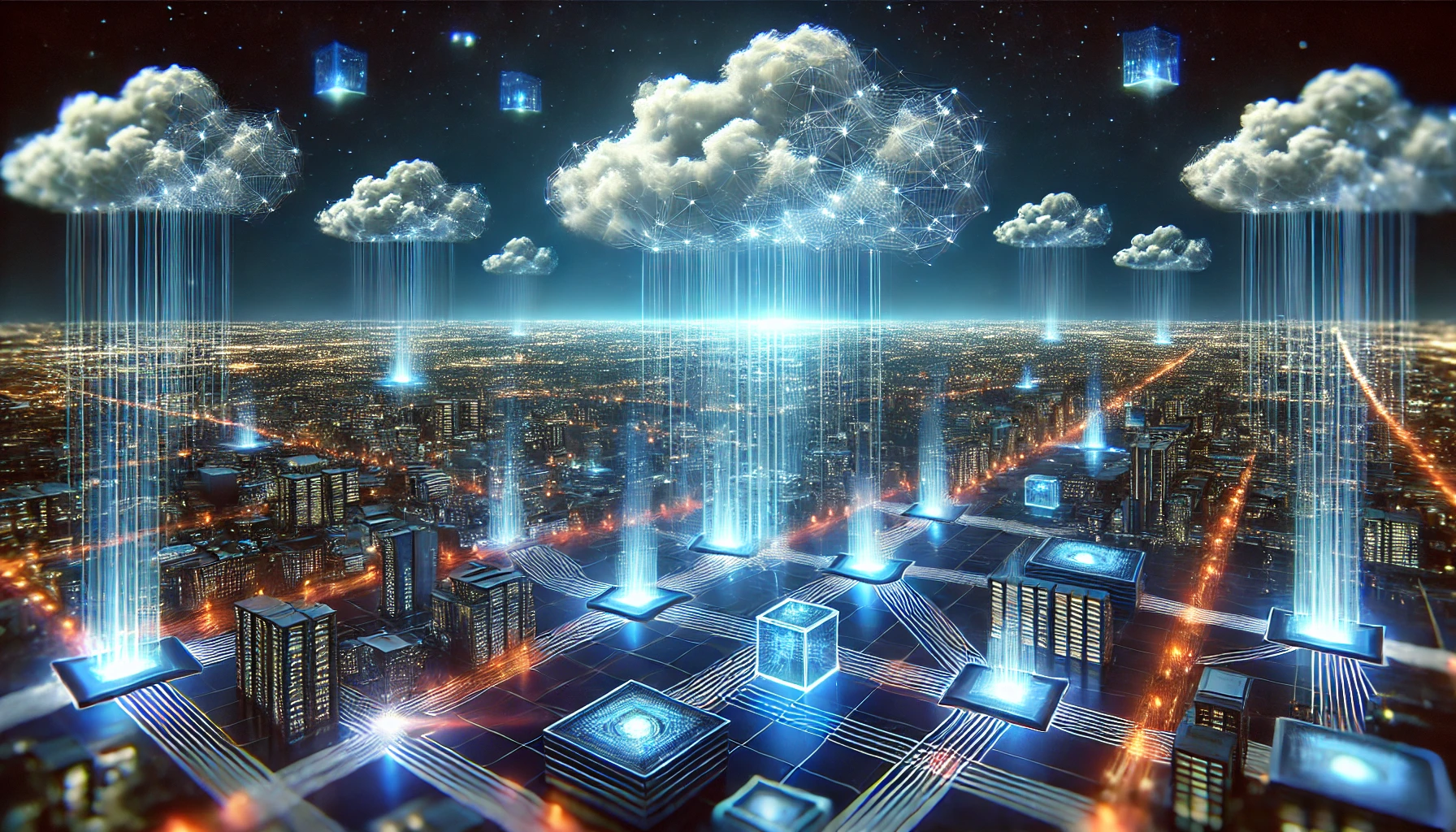 Datenwolken am digitalen Firmament: Während die Cloud majestätisch am Himmel der IT-Welt schwebt, kämpfen leuchtende Netzwerk-Knoten am Boden darum, nicht von der Schwerkraft der Realität eingeholt zu werden. Ein himmlisches Zusammenspiel von grenzenloser Flexibilität und bodenständiger Rechenpower – oder doch nur eine elegante Art, Daten von A nach B zu jonglieren?