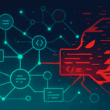 Ein abstraktes Netzwerk aus verbundenen Knoten und leuchtenden Linien wird von einem roten Glitch durchbrochen – Symbol für einen bösartigen Eingriff in eine digitale Lieferkette und das Risiko einer Malware‑Infektion in der Open‑Source‑Welt.