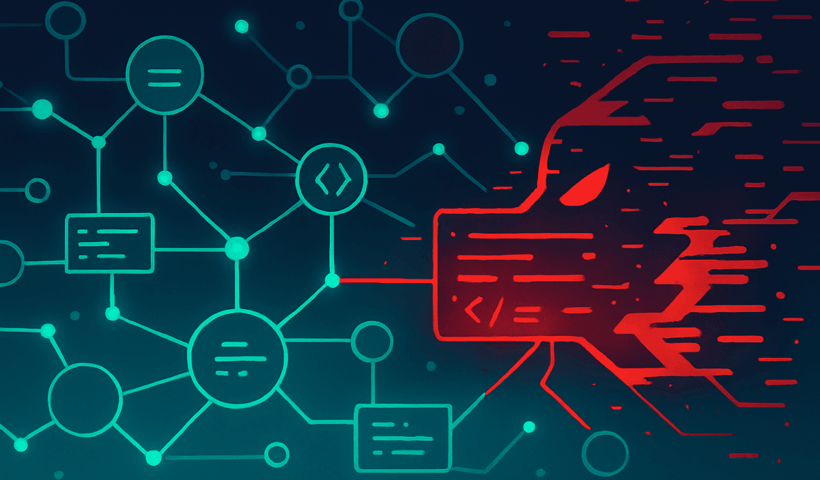 Ein abstraktes Netzwerk aus verbundenen Knoten und leuchtenden Linien wird von einem roten Glitch durchbrochen – Symbol für einen bösartigen Eingriff in eine digitale Lieferkette und das Risiko einer Malware‑Infektion in der Open‑Source‑Welt.