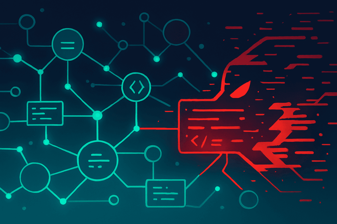 Ein abstraktes Netzwerk aus verbundenen Knoten und leuchtenden Linien wird von einem roten Glitch durchbrochen – Symbol für einen bösartigen Eingriff in eine digitale Lieferkette und das Risiko einer Malware‑Infektion in der Open‑Source‑Welt.