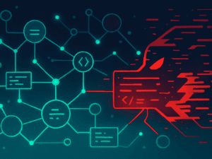 Ein abstraktes Netzwerk aus verbundenen Knoten und leuchtenden Linien wird von einem roten Glitch durchbrochen – Symbol für einen bösartigen Eingriff in eine digitale Lieferkette und das Risiko einer Malware‑Infektion in der Open‑Source‑Welt.