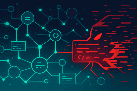 Ein abstraktes Netzwerk aus verbundenen Knoten und leuchtenden Linien wird von einem roten Glitch durchbrochen – Symbol für einen bösartigen Eingriff in eine digitale Lieferkette und das Risiko einer Malware‑Infektion in der Open‑Source‑Welt.