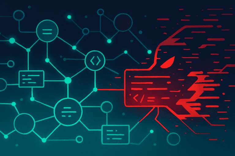Ein abstraktes Netzwerk aus verbundenen Knoten und leuchtenden Linien wird von einem roten Glitch durchbrochen – Symbol für einen bösartigen Eingriff in eine digitale Lieferkette und das Risiko einer Malware‑Infektion in der Open‑Source‑Welt.