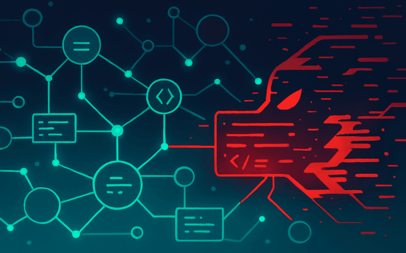 Ein abstraktes Netzwerk aus verbundenen Knoten und leuchtenden Linien wird von einem roten Glitch durchbrochen – Symbol für einen bösartigen Eingriff in eine digitale Lieferkette und das Risiko einer Malware‑Infektion in der Open‑Source‑Welt.