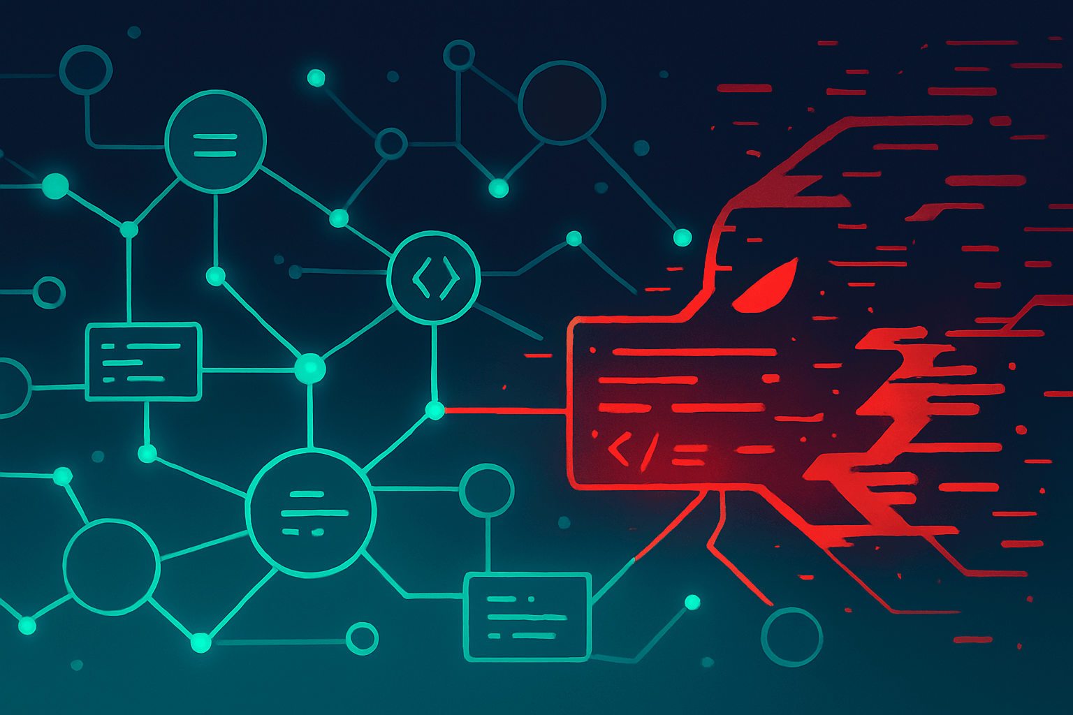 Ein abstraktes Netzwerk aus verbundenen Knoten und leuchtenden Linien wird von einem roten Glitch durchbrochen – Symbol für einen bösartigen Eingriff in eine digitale Lieferkette und das Risiko einer Malware‑Infektion in der Open‑Source‑Welt.