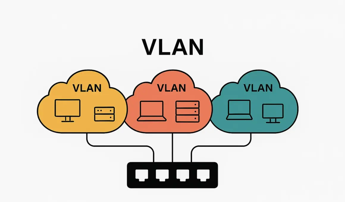 Schematische Grafik zur VLAN-Segmentierung: drei farbige VLAN-Wolken mit VLAN-IDs 100, 200 und 300, verbunden mit einem Netzwerkswitch.