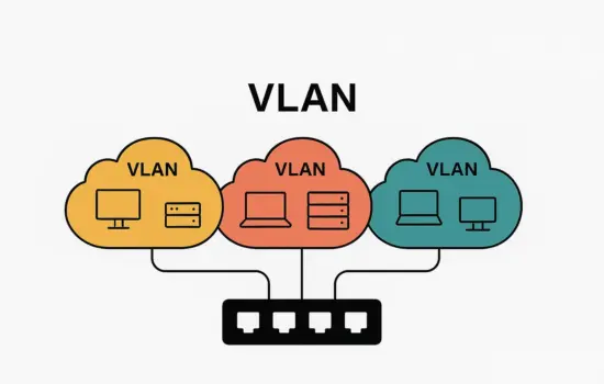 Schematische Grafik zur VLAN-Segmentierung: drei farbige VLAN-Wolken mit VLAN-IDs 100, 200 und 300, verbunden mit einem Netzwerkswitch.