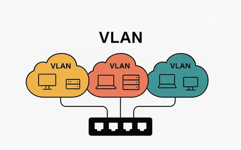 Schematische Grafik zur VLAN-Segmentierung: drei farbige VLAN-Wolken mit VLAN-IDs 100, 200 und 300, verbunden mit einem Netzwerkswitch.