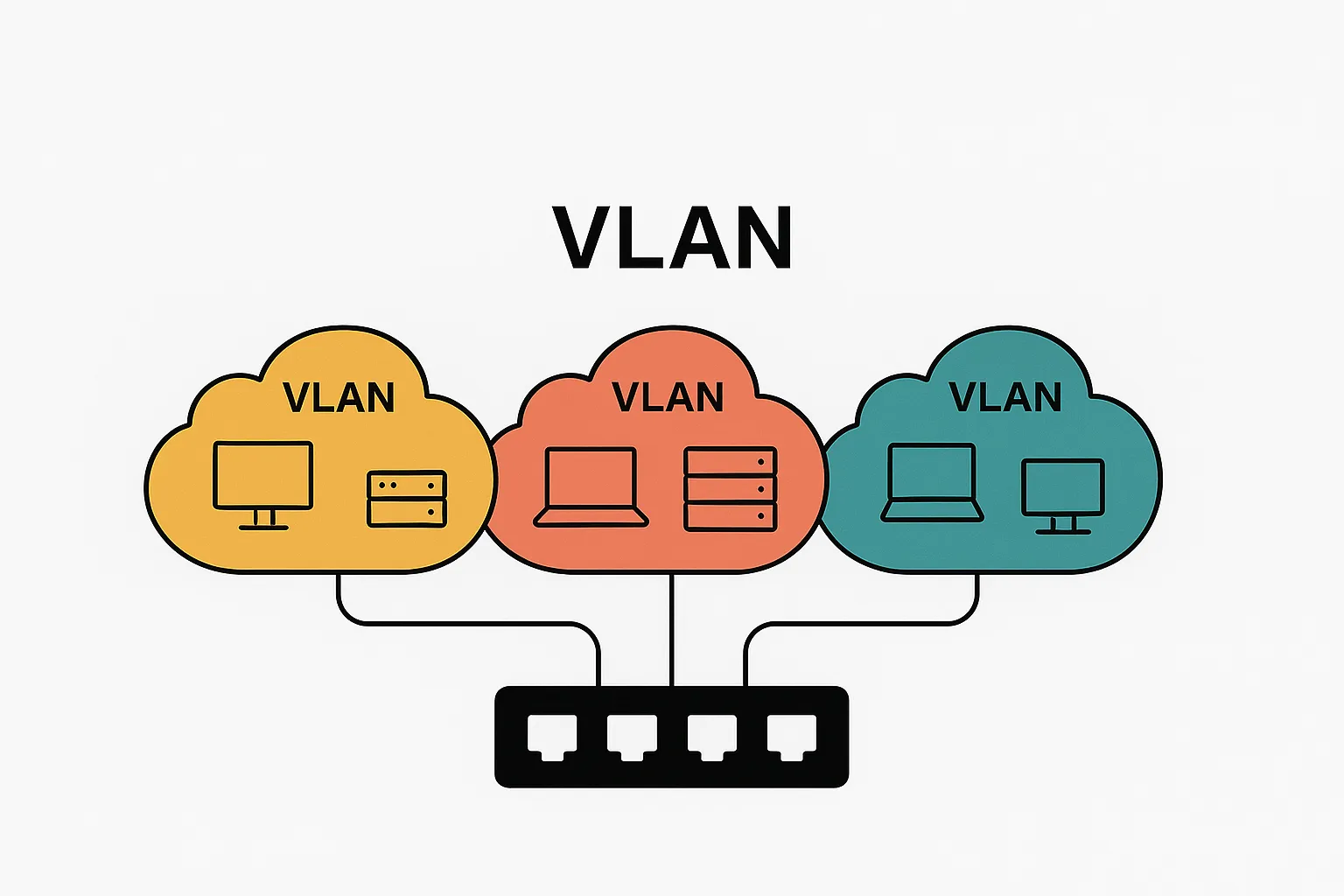 Schematische Grafik zur VLAN-Segmentierung: drei farbige VLAN-Wolken mit VLAN-IDs 100, 200 und 300, verbunden mit einem Netzwerkswitch.