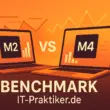 Vergleichsgrafik von Apples M2- und M4-Chip: Zwei stilisierte Prozessoren mit Performance-Balken und Diagrammen, die die höhere Benchmark-Leistung des M4 gegenüber dem M2 für den IT-Praktiker-Alltag visualisieren.
