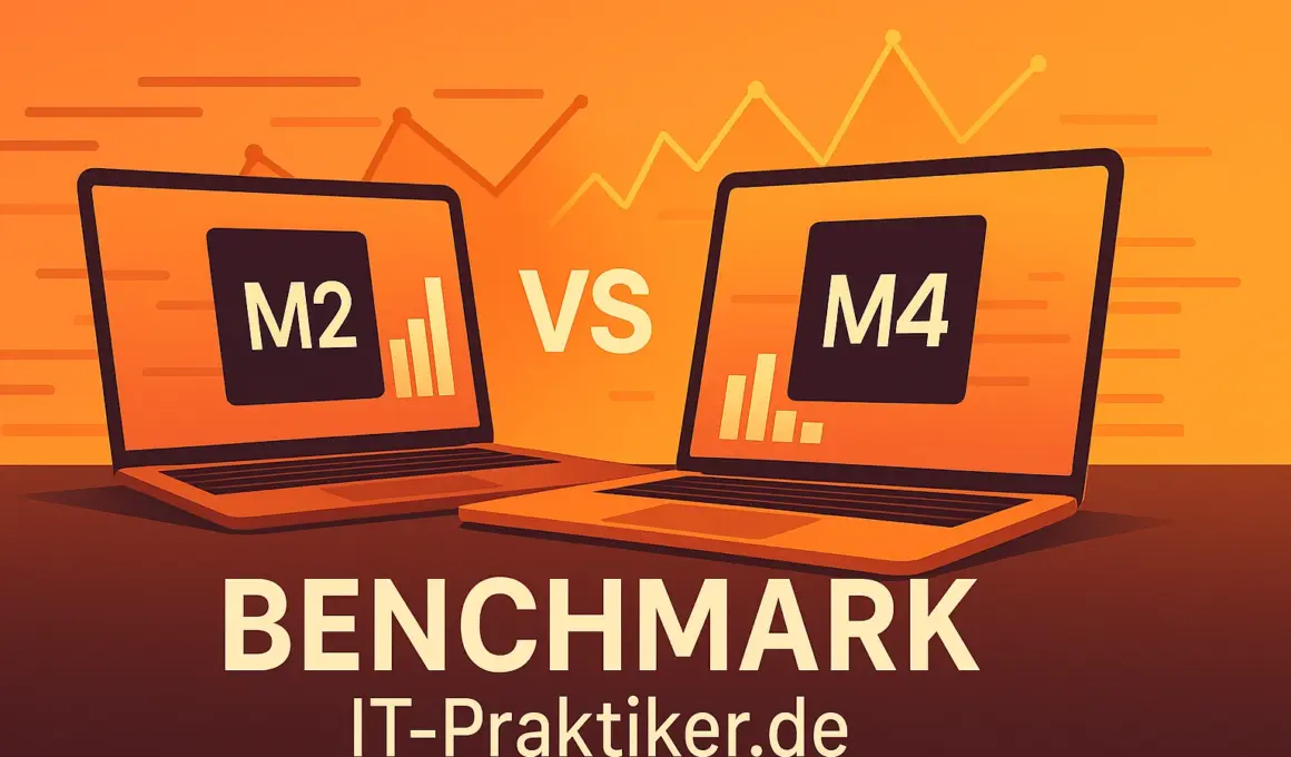 Vergleichsgrafik von Apples M2- und M4-Chip: Zwei stilisierte Prozessoren mit Performance-Balken und Diagrammen, die die höhere Benchmark-Leistung des M4 gegenüber dem M2 für den IT-Praktiker-Alltag visualisieren.