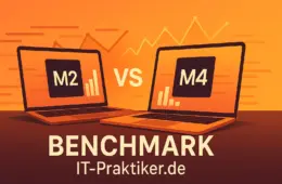 Vergleichsgrafik von Apples M2- und M4-Chip: Zwei stilisierte Prozessoren mit Performance-Balken und Diagrammen, die die höhere Benchmark-Leistung des M4 gegenüber dem M2 für den IT-Praktiker-Alltag visualisieren.