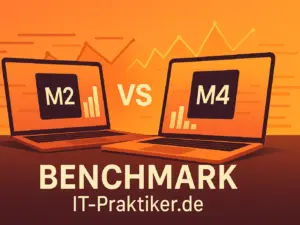 Vergleichsgrafik von Apples M2- und M4-Chip: Zwei stilisierte Prozessoren mit Performance-Balken und Diagrammen, die die höhere Benchmark-Leistung des M4 gegenüber dem M2 für den IT-Praktiker-Alltag visualisieren.