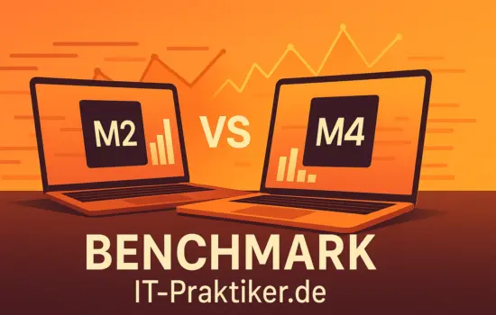 Vergleichsgrafik von Apples M2- und M4-Chip: Zwei stilisierte Prozessoren mit Performance-Balken und Diagrammen, die die höhere Benchmark-Leistung des M4 gegenüber dem M2 für den IT-Praktiker-Alltag visualisieren.