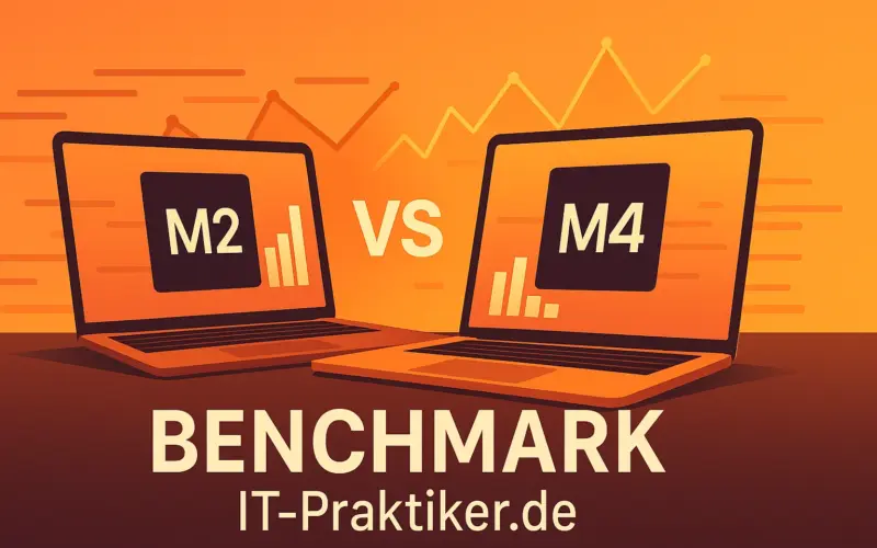 Vergleichsgrafik von Apples M2- und M4-Chip: Zwei stilisierte Prozessoren mit Performance-Balken und Diagrammen, die die höhere Benchmark-Leistung des M4 gegenüber dem M2 für den IT-Praktiker-Alltag visualisieren.
