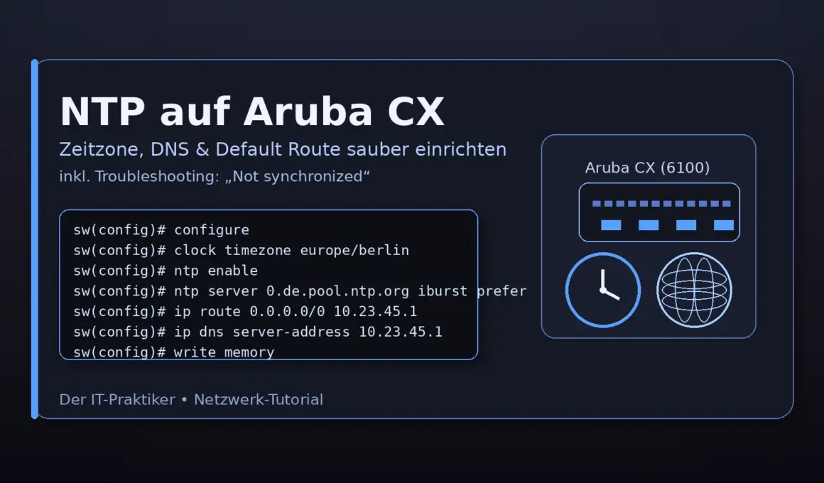 NTP auf Aruba CX Switch einrichten – Zeit, DNS und Default-Route prüfen