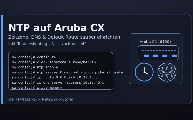 NTP auf Aruba CX Switch einrichten – Zeit, DNS und Default-Route prüfen