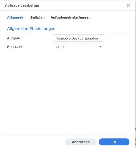 DSM-Aufgabenplaner, Reiter Allgemein: Aufgabe „Passbolt-Backup abholen“, Benutzer admin